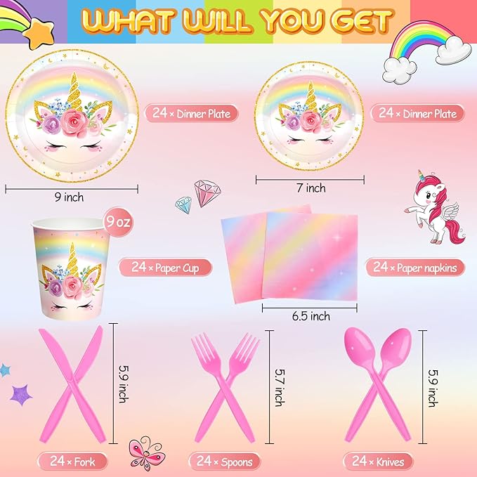 Meanplan 168 Pcs Unicorn Party Tableware Supplies Set Include Rainbow Unicorn Paper Plates Napkins Cups Knives Forks Spoons for Girls Guests Birthday Baby Shower Party Favor Serves 24 Guests