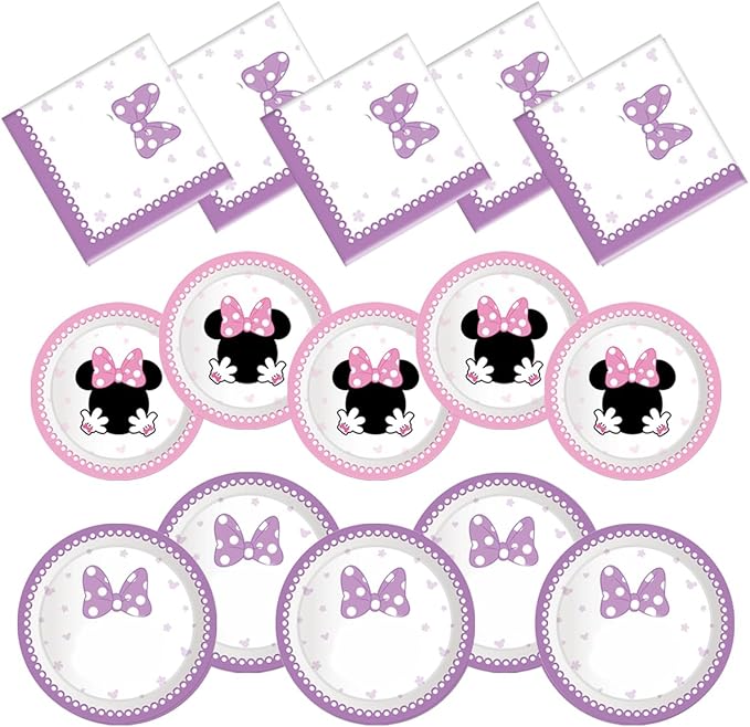 Party Tableware For Cute Mouse,16 pcs Paper Plates (8pcs 9 inch and 8pcs 7inch)-20 Napkin and Table Cloth 86” x 52”,Girl Cute Mouse Birthday Party Decorate Supplies
