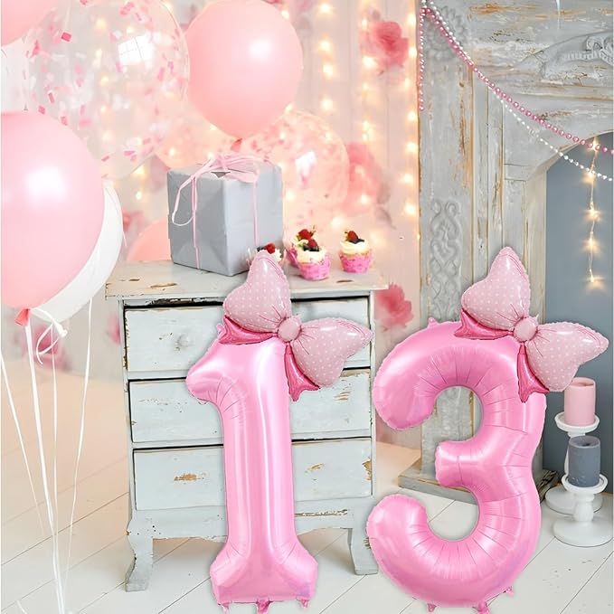40 inch Number 13 Balloon with Bow Pink Happy Birthday Jumbo Number Balloons for Girls Daughter Birthday Decorations Party Supplies (Pink Number 13)