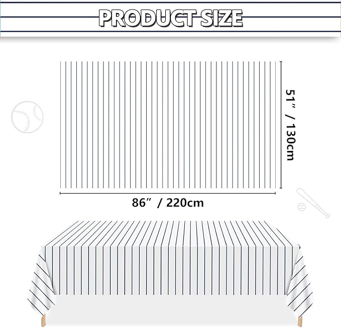 4 Pack Plastic Baseball Tablecloths, 51 x 86 Inches Rectangle Stripe Party Decorations for Game Day Baseball Theme Party Supplies
