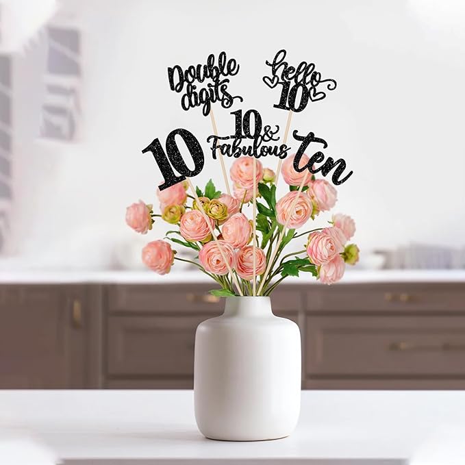 15PCS Happy 10th Birthday Centerpiece Sticks Ten Hello 10 Cheers to 10 Birthday Table Flower Centerpieces Sticks Double Digits 10 Fabulous Floral Decoration for 10th Birthday Party Centerpieces Black
