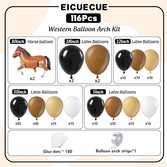 Western Balloons Garland Arch Kit 166Pcs - 5 10 12 18 inch Different Size Black and Brown with Cowboy Horse Balloon for Boy First Rodeo Wild West Country Birthday Farm Fiesta Party Decoration