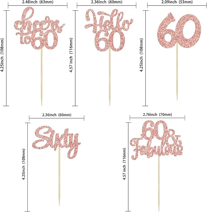 30Pcs Happy 60th Birthday Cupcake Toppers Rose Gold Glitter Sixty Cake Toppers Cheers to 60 Years Old Birthday Cupcake Picks for 60th Anniversary Party Cake Decorations Supplies