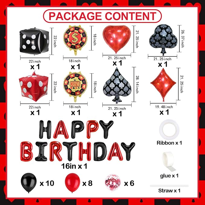 Casino Theme Party Decorations Las Vegas Poker Night Birthday Decorations Set, Aluminium Foil Happy Birthday Banner, Dice, Chips, Poker Signs, Latex Balloons