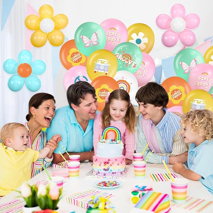 Hiboom 72 Pcs Groovy Retro Hippie Balloons Boho Peace Party Decor 12 Inch Rainbow Daisy Flower Butterfly Peace Sign Latex Balloons for Kids Girls Two Groovy Birthday Party Decoration Supply(Fresh)
