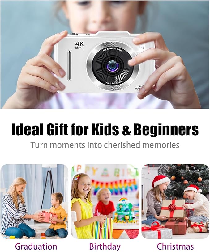 Kids Digital Camera,4800MP Selfie Camera,4K 1080P HD Video,with16X Zoom Anti Shake,Kids Chritmas Birthday Festival Gift - 32G SD Card