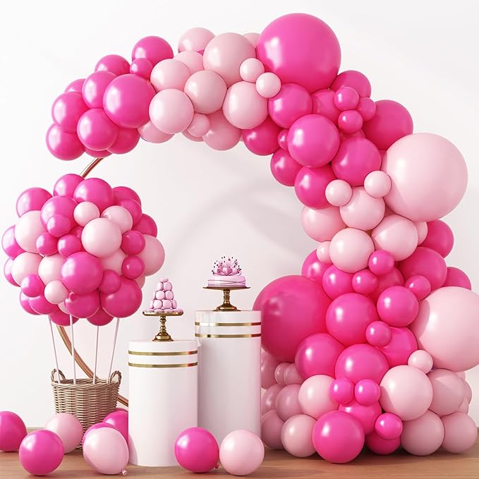 RUBFAC Baby Pink and Hot Pink Balloons 129pcs Different Sizes Pack of 18 12 10 5 Inch, Latex Magenta Pastel Pink Balloon Garland Arch Kit for Birthday Wedding Anniversary Baby Shower Princess Theme