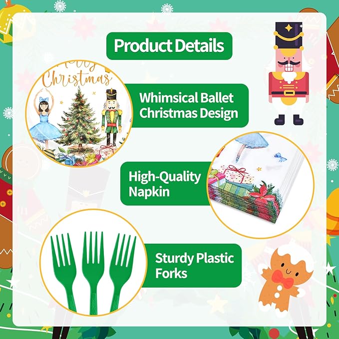 96 Pieces Christmas Ballet Party Tableware Set – Festive Disposable Dinnerware with Paper Plates, Napkins, and Plastic Forks – Winter Fairy Tale Theme for Christmas Birthdays Parties – Serves 24