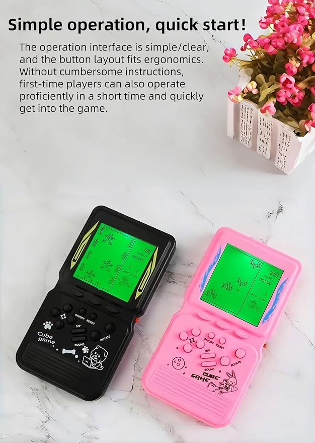 Electronic Cube Game Console Built-in 23 Block Games Thousands of Modes Green Backlight Adjustable Difficulty/Speed Handheld Puzzle Game Retro Toy for Children/Adults (Pink)