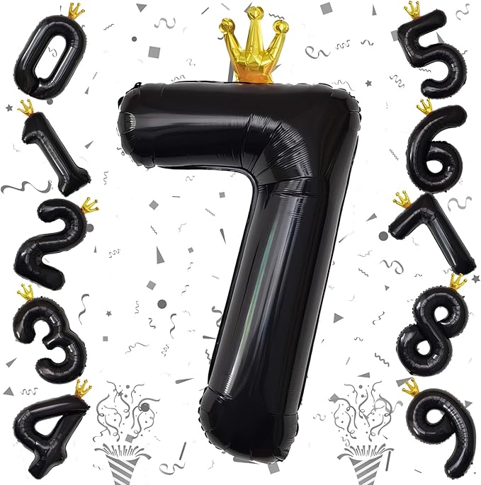 Black Crown Number 7 Balloon, 40 Inch Number 0-9 Set for Men 70th Birthday, Foil Helium Self Inflating Large Balloons for Girls 7th Birtyday Party Decor Anniversary Graduation for Boys Supplies