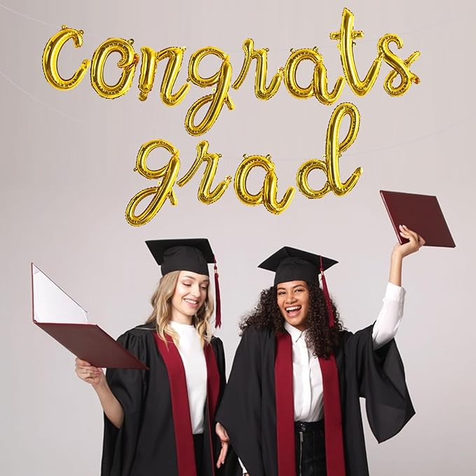TONIFUL 2026 Congrats Grad Balloons - 16 Inch Cursive Gold Congrats Foil Balloons Banner Reusable Material for Graduation Party Graduate Congratulations 2026 Congrats Grad Decorations