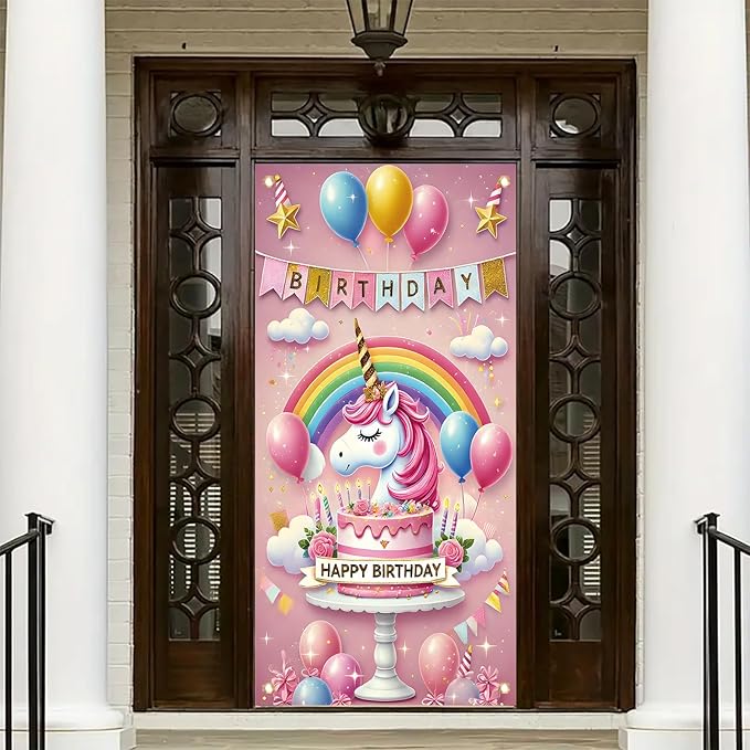 Unicorn Birthday Door Cover 71 x 35 inch Party Decoration Rainbow Cake Backdrop Door Banner for Girls Kids Birthday Celebration Photography Background Party Supplies