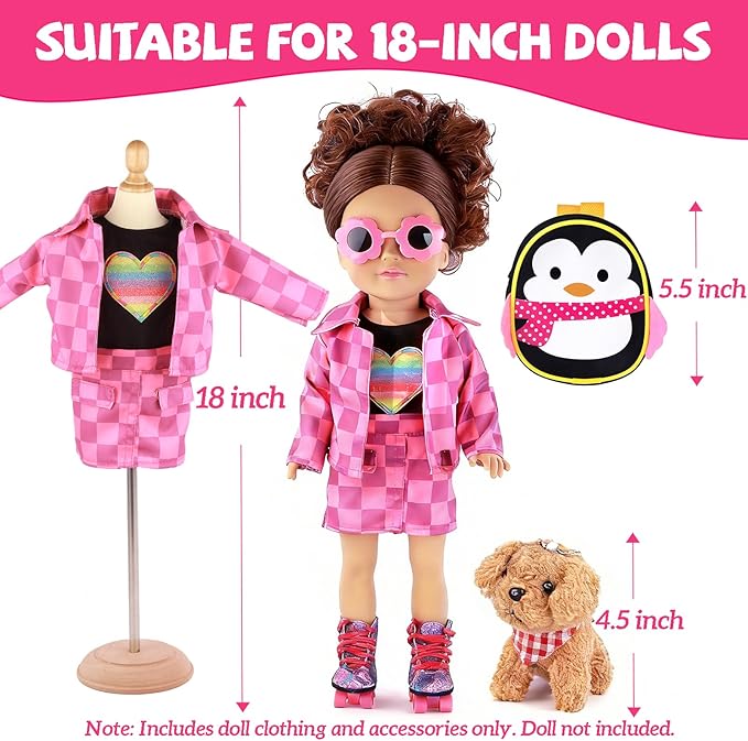 American 18 Inch Doll Clothes & Accessories Set – Includes Pink Plaid Coat, Heart T-Shirt, Skating Shoes, Pet Dog, Penguin Backpack, Camera, Glasses & More – Perfect for 18" Dolls (No Doll)