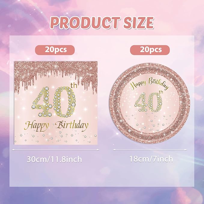 40 PCS 40th Birthday Decorations for Women 40th Birthday Plates and Napkins Set Forty Year Old Party Disposable Tableware set for Rose Gold 1986 40th Birthday Decorations