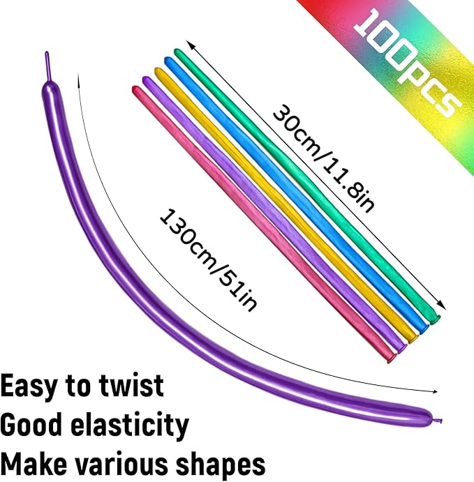 100Pcs 260 Balloons Metallic Long Balloons for balloon animals, Thickening Skinny Latex Twisting Balloon for Animals Modeling Christmas Birthday Wedding Party Decorations.(Multi)