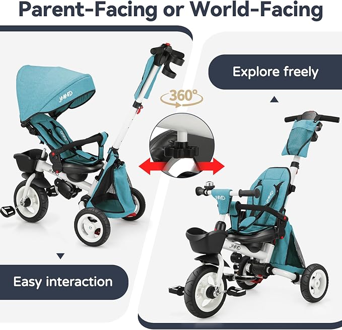 JMMD 8 in 1 Tricycle Stroller with Push Handle, Foldable Trike with 360° Swivel Seat, Reclining Backrest, All-Terrain Wheels, Dual Brakes, Canopy & Storage, Gift for Kids 18 Months to 5 Years, Green