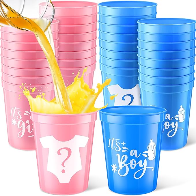 24 Pcs Gender Reveal Cups 16 oz Reusable Thick Boy or Girl Party Plastic Drinking Cup Pink and Blue Gender Reveal Party Decorations Baby Shower Supplies