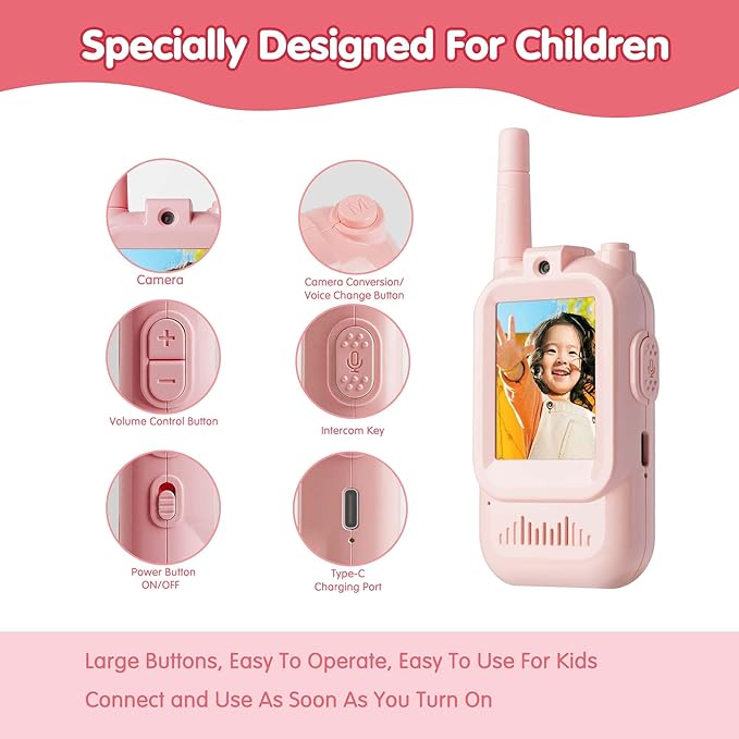 Video Walkie Talkies for Kids, 2 Pack, 400meter Long Range Rechargeable，Voice Changer ，HDCamera, for Outdoor Backyard Camping Games, Toy Gift for Boys Girls Ages 3-10，Pink+Blue（Blue+Blue）