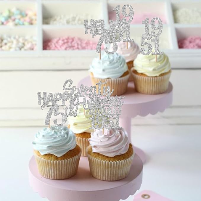 30 PCS 75th Birthday Cupcake Toppers Glitter Seventy Five Happy 75 Straight Outta 1951 Cupcake Picks for Cheers to 75 Fabulous 75th Birthday Anniversary Party Cake Decorations Supplier Silver