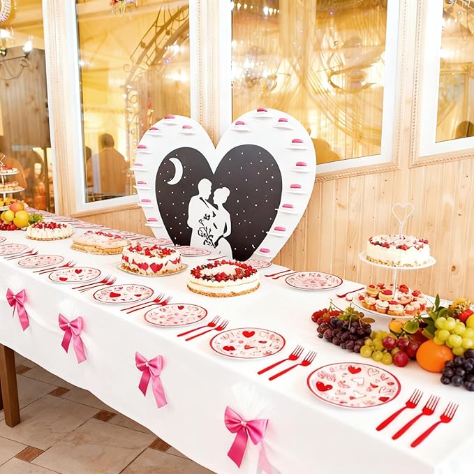 100 Pcs Valentine’s Day Heart Tableware Party Supplies Set, Serves 25 – Disposable Pink & Red Heart Paper Plates, Napkins, and Forks for Romantic Dinner, Bridal Shower, Love-Themed Party Decorations