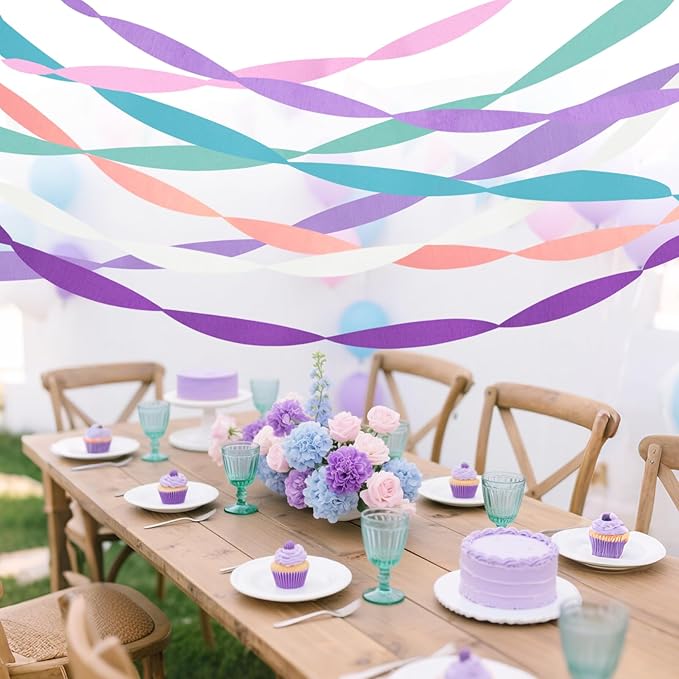 Streamers Party Decorations, 8 Rolls Crepe Paper with Purple, Blue, Mint and White Party Streamers for Mermaid Birthday, Winter Party Decorations, Baby Bride Shower,Wedding