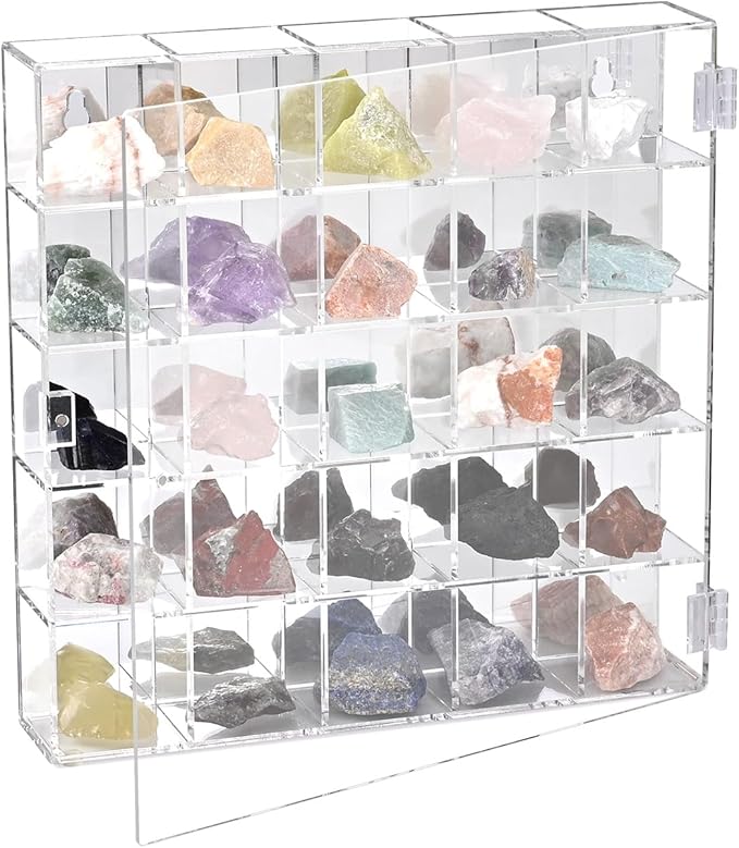 Ikee Design Mountable 25 Compartments Premium Acrylic Display Case Cabinet Stand with Mirrored Back, Clear Rock Display Shelves for Collectibles, Stones and Figures, 10.7 W x 2 D x 10.5 H in
