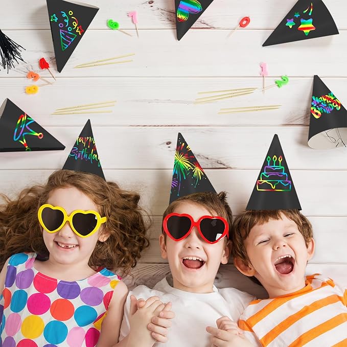 72 PCS Rainbow Scratch Party Hats Bulk Colorful DIY Birthday Cone Hats for Kids and Adults, Fun Birthday Decoration Supplies for Parties and Celebrations