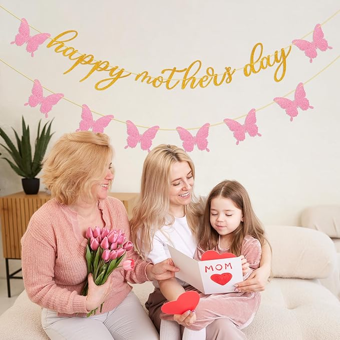 Happy Mother's Day Banner Decorations for Party Glitter Gold Pink Butterfly for Mother's Day Party Decorations Backdrop Garland Photo Props