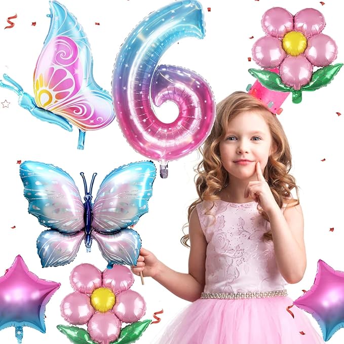 Butterfly Balloon 6th Birthday Decorations, Colorful Gradient Pink Foil Balloons for Fairy Party, Girl Party Supplies, Baby Shower