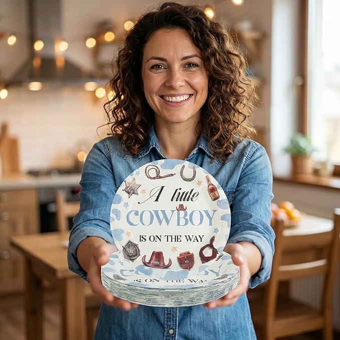 120 Pcs a Little Cowboy Is on The Way Baby Shower Paper Plates Cowboy Disposable Paper Plates Baby Shower Party Supplies for Girl Boy Spring Decoration