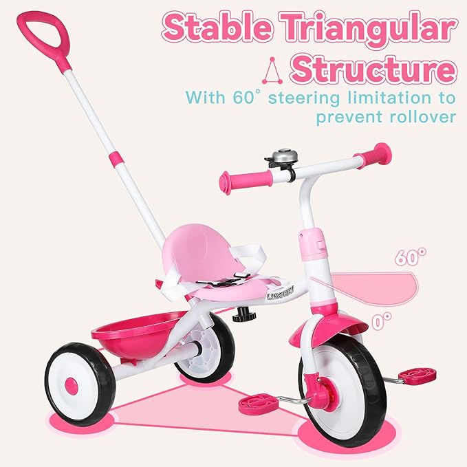 Liberry 2 in 1 Toddler Tricycle Age 2 3 4 Years Old, Kids Trike with Adjustable Push Handle, Bell & Basket, 3 Wheel Bike Riding Toy Birthday Gift for Girls Boys, Pink