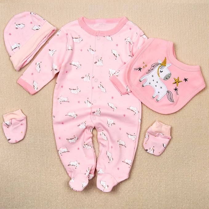 Reborn Baby Doll Clothes 18 Inch Girl 5Pcs Pink 17-22 Inch Baby Doll Clothes Bodysuits + Hat and Bib Reborn Doll Outfits Baby Dolls Accessories