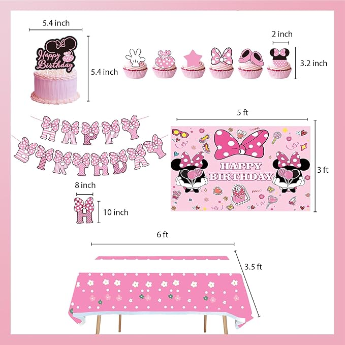 288 PCS Pink Mouse Birthday Decorations Serves 20 Guests Mouse Theme Party Decorations Include Balloons, Tablecloth, Backdrop, Cake Topper, Paper Plates and More Party Supplies for Girls