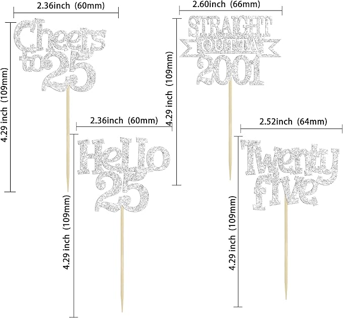 Ephlyn 24Pcs 25th Birthday Cupcake Toppers Glitter Straight Outta 2001 Cupcake Picks Hello 25 Cheers to 25 Years Cake Decorations for 25th Birthday Anniversary Party Decorations Supplies Silver