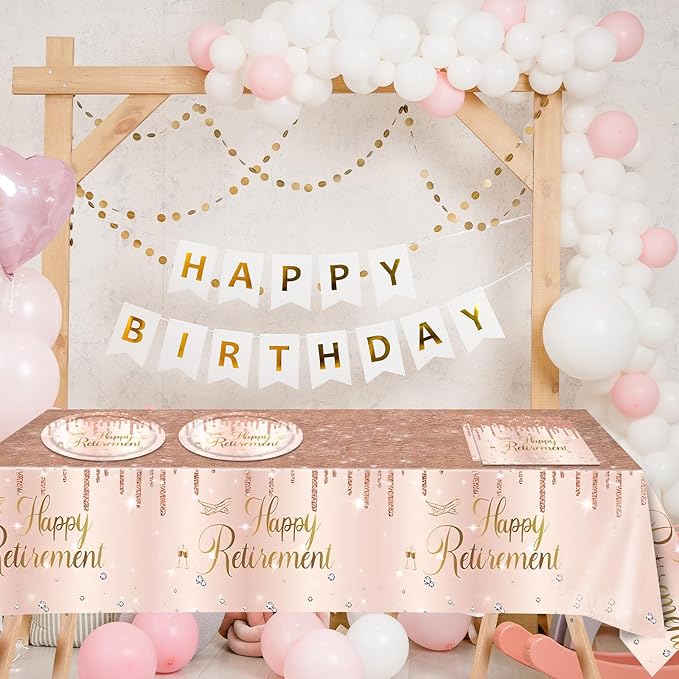 41Pcs Rose Gold Retirement Party Decorations Happy Retired Party Supplies Disposable Tableware Set Include Retirement Plates Napkins Tablecloth, for Woman Say Goodbye Party ,Serves 20