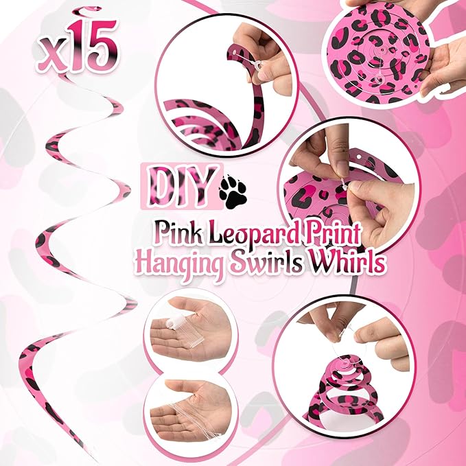 Boao 15 Pcs Cheetah Party Supplies Leopard Hanging Swirls Whirls Animal Print Party Decorations Cheetah Whirls for Birthday Baby Shower Jungle Animal Themed Graduation Wedding Celebration(Pink)