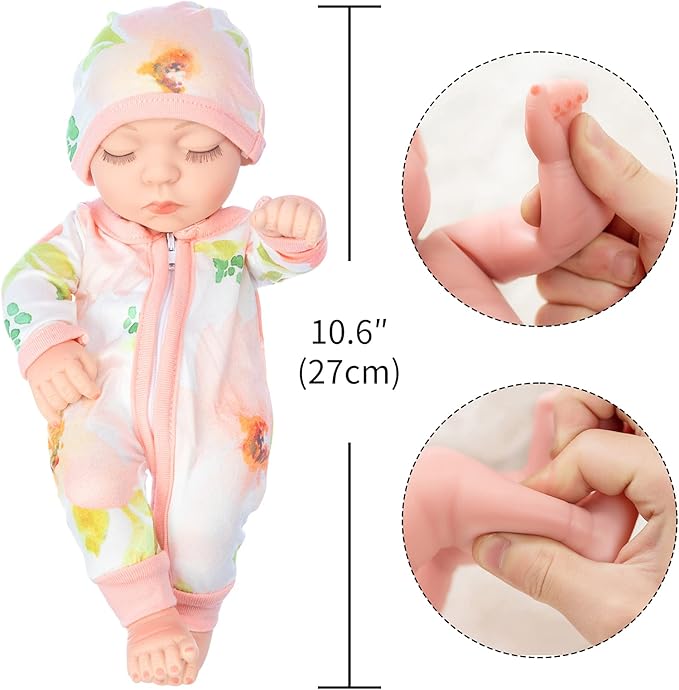 10 Inch Newborn Reborn Baby Doll and Clothes Set Washable Realistic Soft Silicone Sleeping Baby Doll with Beautiful Flower Pattern Jumpsuit and Hat-Best Gift for Kids Girls