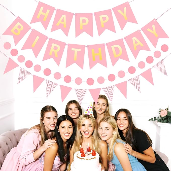 Pink Gold Happy Birthday Banner, Happy Birthday Decorations Hanging Birthday Sign Circle Dot Triangle Bunting for Women Men Girl Boy Party Supplies