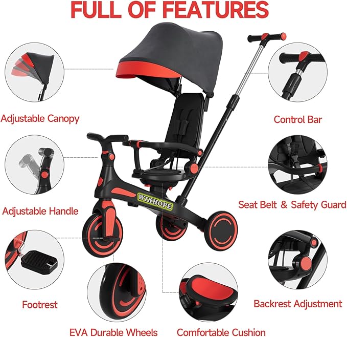 Winhope Kids Tricycle, 6 in 1 Baby's Tricycle Toddler Trike with Adjustable Push Handle, Reversible Seat and Canopy, Baby Stroller for 1-6 Year Olds, Suitable for Outdoor Activities(Red)