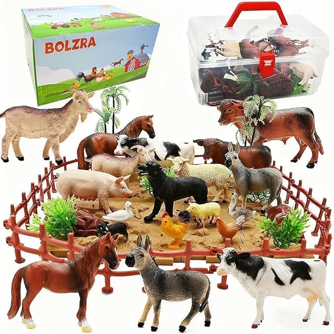 BOLZRA Farm Animal Figurines, Realistic Plastic Animals Toys with Fences Building Blocks, Farm Figures Playset Educational Christmas Birthday Gift for Kids & Toddlers, 53 PCS