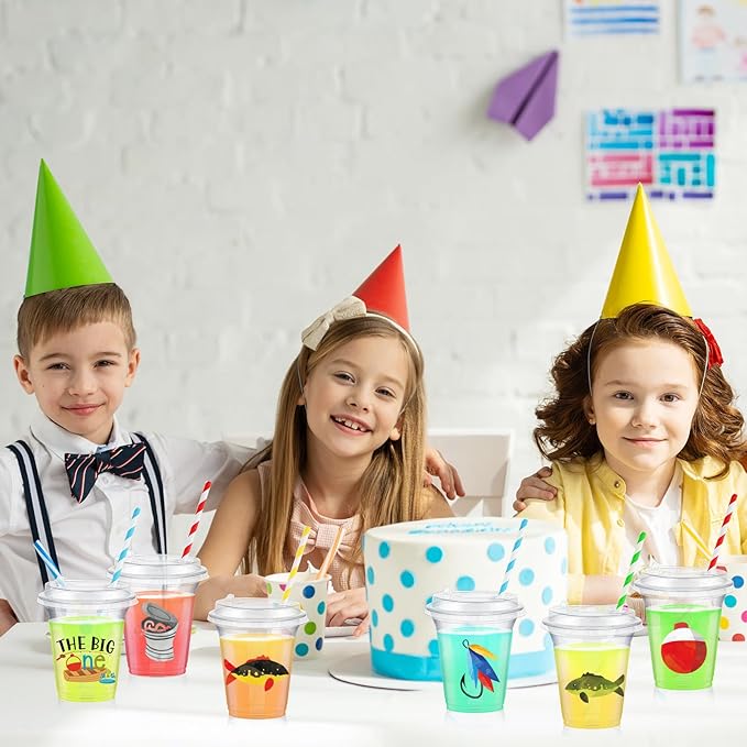 Boao 36 Sets Watercolor Gone Fishing Party Cups with Lids and Paper Straws 14 oz Disposable Clear Plastic Cups Bulk for Gone Fishing Birthday Party Favor Supplies Decorations