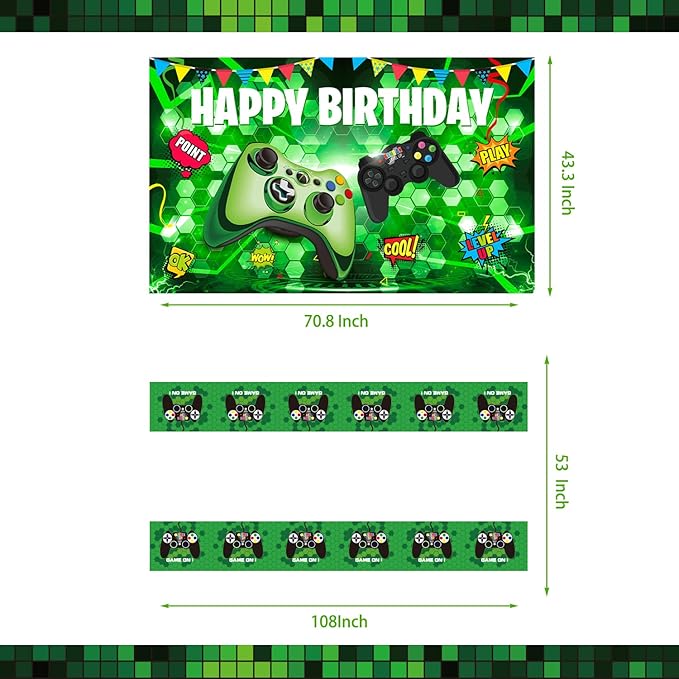 Green Gamer Birthday Party Decoration - 217Pcs Video Game Gaming Party Supplies For Boys Birthday Party - Backdrop, Table Cover, Plates, Cups, Napkins, Utensils, Hanging Swirls, Cupcake Topper, Cake