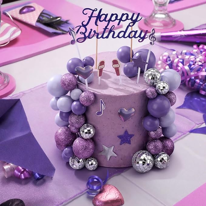 Leinuosen 76 Pcs Kpop Cake Topper Popular Singer Birthday Cake Decoration with Purple Disco Balls Pop Music Birthday Party Decoration Kpop Theme Party Supplies