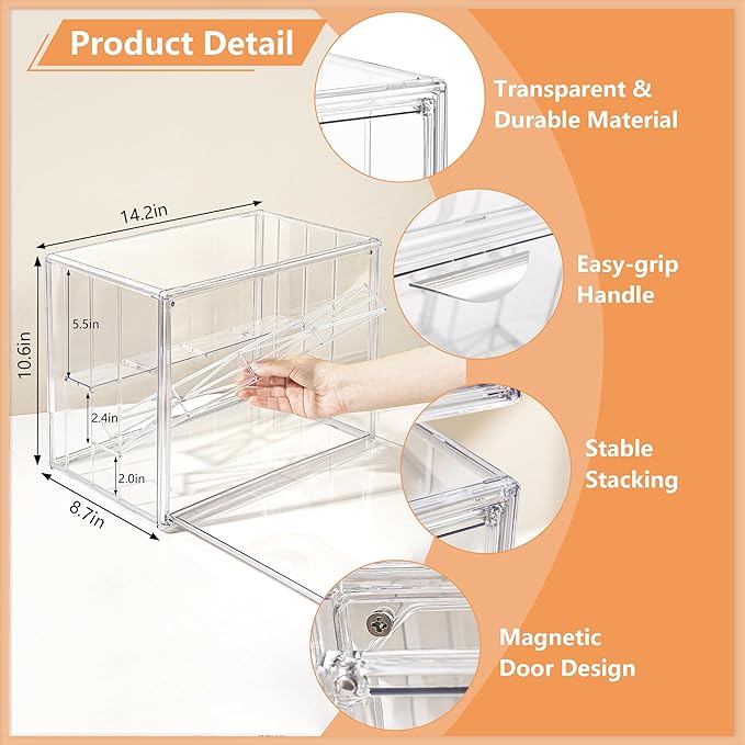 Attelite Clear Acrylic Display Case,3 Tier Display Shelf with 2 Movable Plate, Stackable Protection Showcase for Action Figures, Display Storage Box Countertop with Magnetic Door