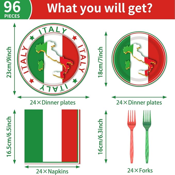 96 Pcs Italian Party Decorations, Italian Flag Plates and Napkins Party Supplies, Italian Theme Tableware Set, Red White and Green Party Decors Favors Disposable Dinnerware Serve 24 Guests