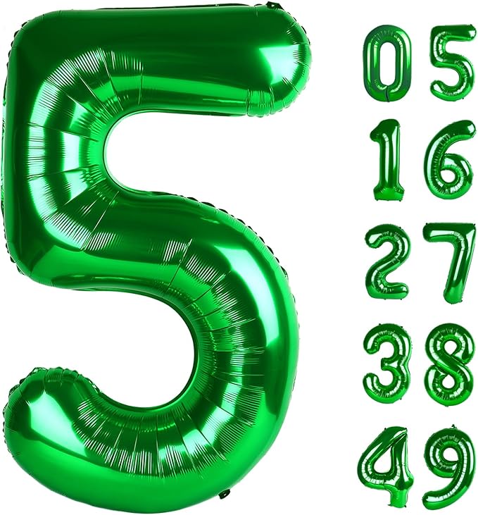 Green 40 Inch Large Number 5 Birthday Balloon, 2025 Five 5th 15 25 35 50 55 Birthday Celebration Decorations, Foil 5 Mylar Helium Number 5 Balloons Girl Boy Anniversary Party Supplies