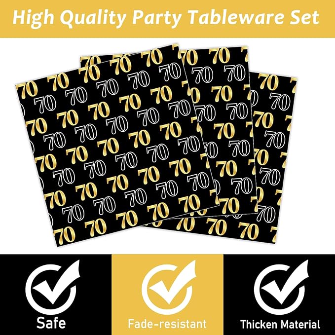 96PCS 70th Theme Birthday Party Tableware Vintage 1956 Party Supplies 70 Year Old Birthday Decorations Plates Napkins Forks Black and Gold Dinnerware Favors for Men or Women