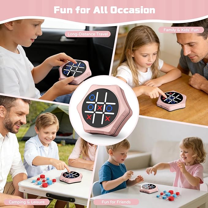 Tic Tac Toe Bolt Game,5-in-1 Handheld Puzzle Games Console,Electronic Tic Tac Toe Game for Educational&Memory,Portable Travel Games for Car Ride with Silent Mode,Toys Gift Idea for Kids & Family-Pink