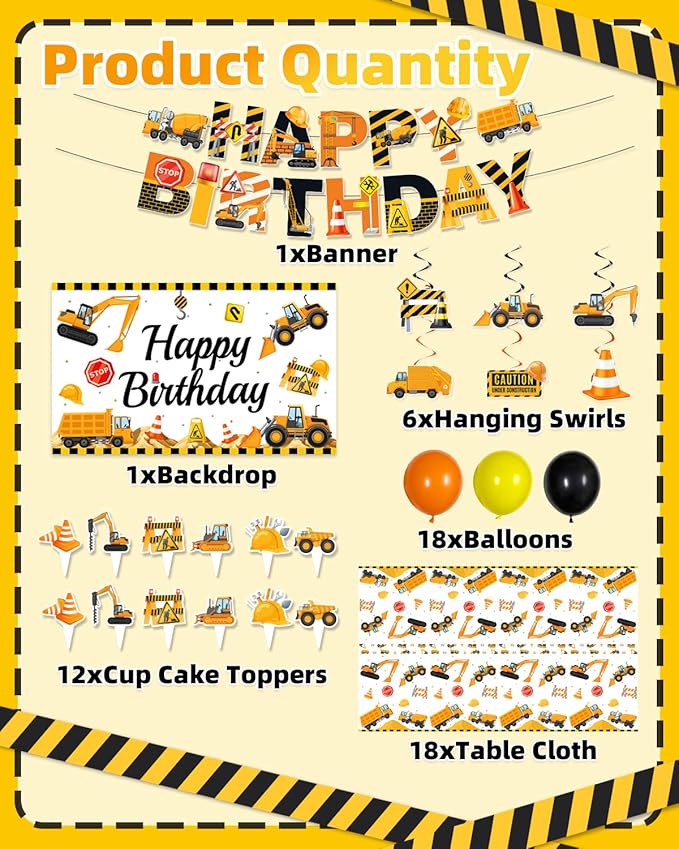 Construction Birthday Party Decorations, Dump Truck Excavator Birthday Party Decorations Construction Themed Balloons, Banner, Backdrop, Tablecloth, Cake Toppers for Boys Kids Party Supplies