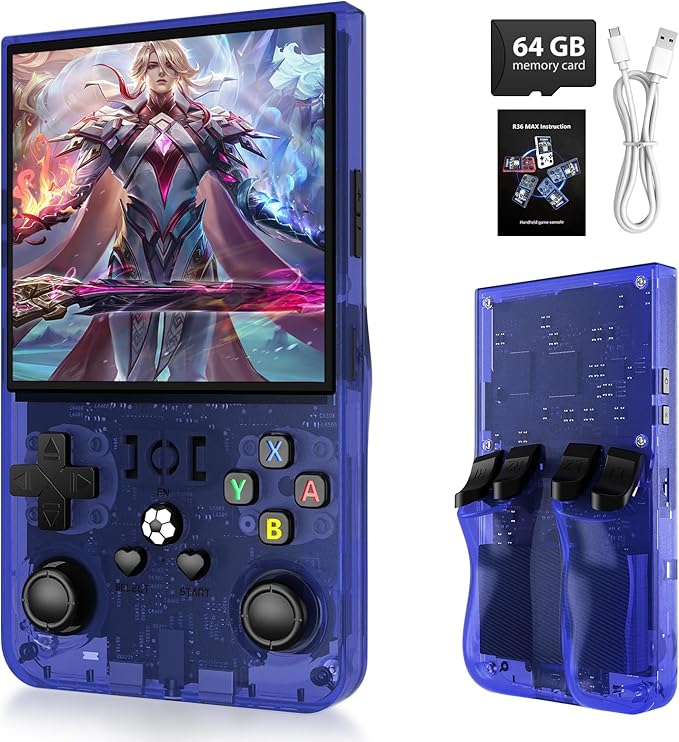 R36MAX Handheld Game Console,4.0 Inch IPS Screen Linux System with 64GB TF Card,Retro Gaming Console,Retro Game Console for Adults,4000mAh Battery (Blue)